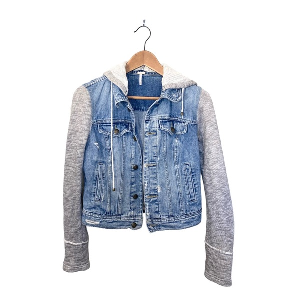 Free People Blue Hooded Distressed Denim Jean Jacket - Picture 4 of 16
